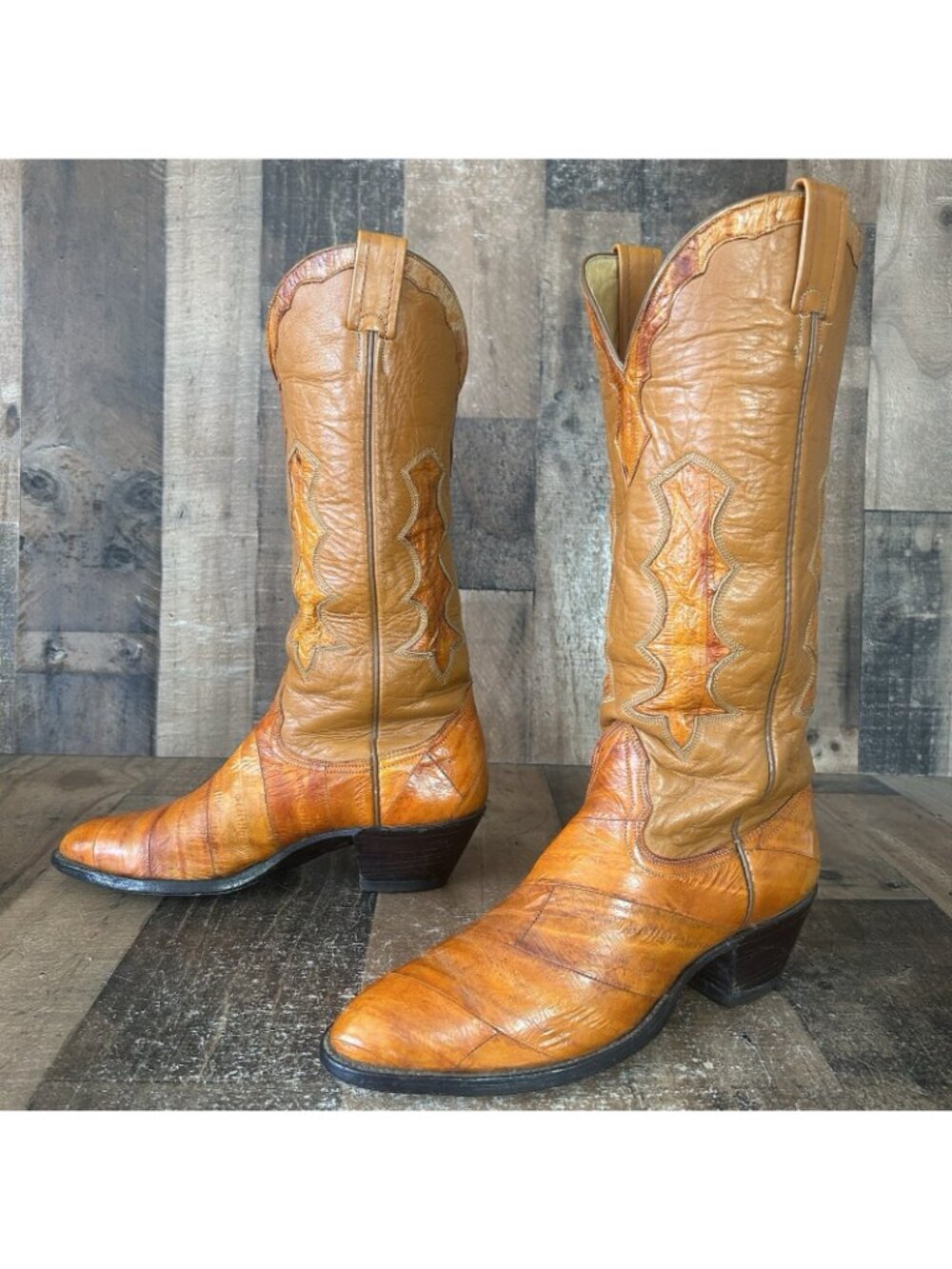 Nocona Vintage Eel Skin Leather Inlay Western Cowboy Boots Womens 8.5 C - Picture 3 of 12